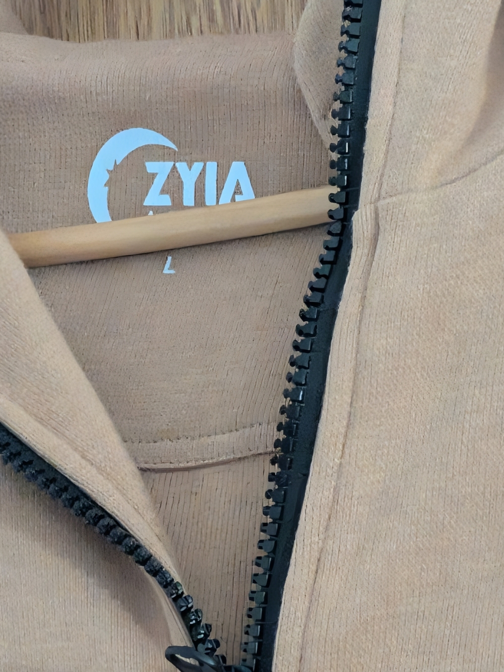 ZYIA Woman's Camel Tan Zip Hoodie with Black Zipper